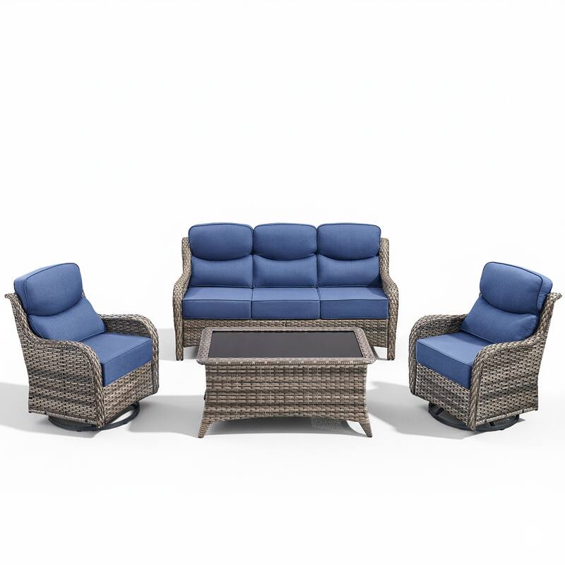 Arcadia 4-Piece Wicker Outdoor Patio Conversation Set with Swivel Gliders and 6-Inch Thick Olefin Cushions