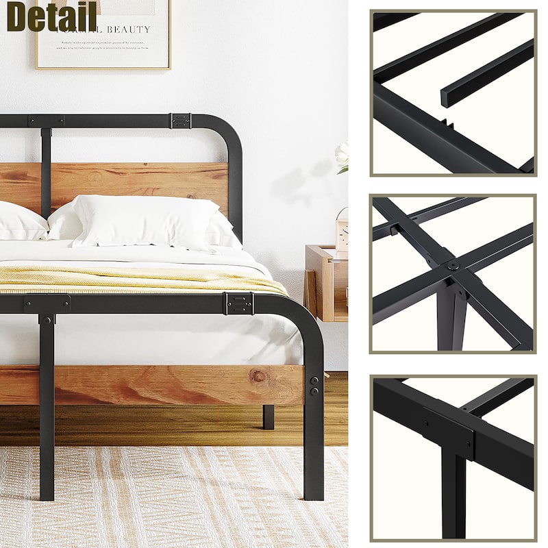 Heavy Duty Bed Frame with Wooden Headboard and Footboard, Noise-Free, Easy Assembly