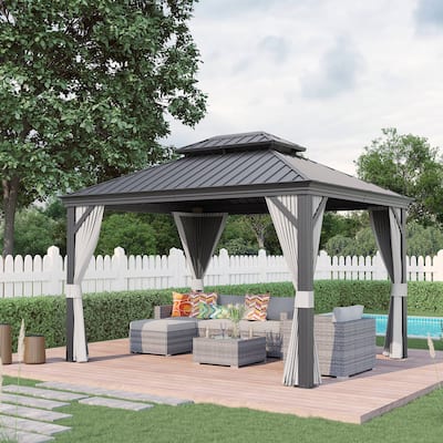 Outdoor Hardtop Aluminum Gazebo with Net and Curtains