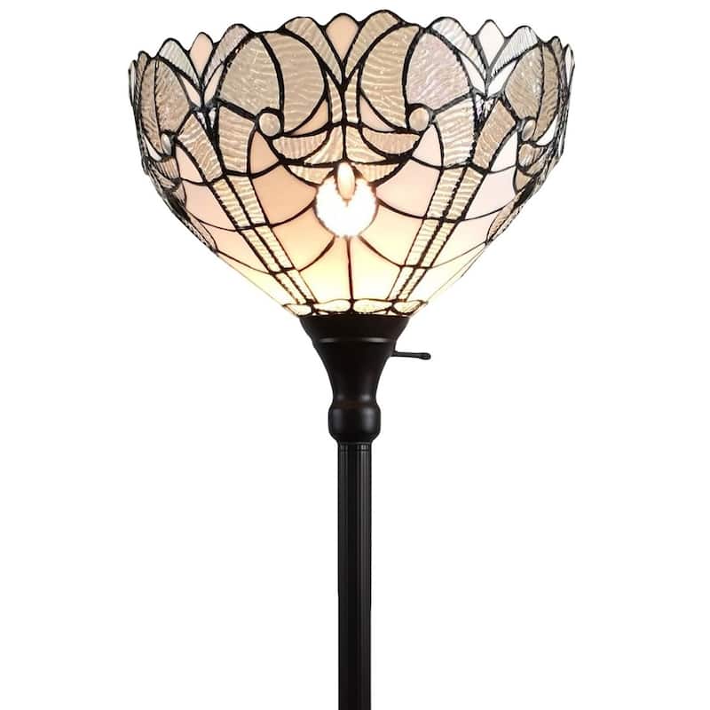 Tiffany Style Floor Lamp Torchiere 72" Tall Stained Glass White Mahogany Bedroom Reading Gift Amora Lighting