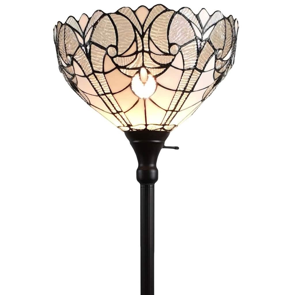 Tiffany Style Floor Lamp Torchiere 72" Tall Stained Glass White Mahogany Bedroom Reading Gift Amora Lighting