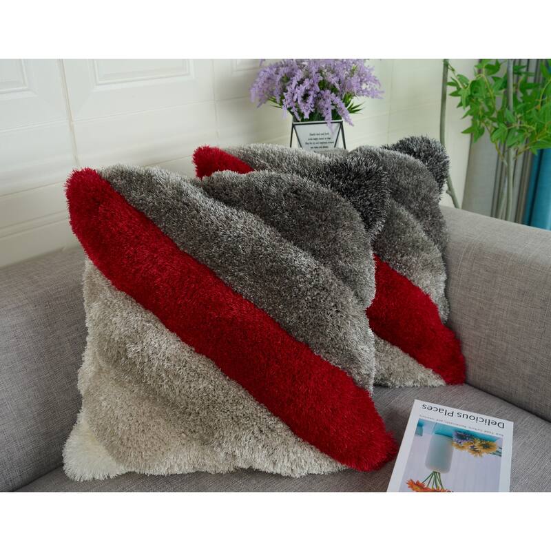 Mateos Shag Collection Red/Gray Striped Shag Pillow, 20 x 20