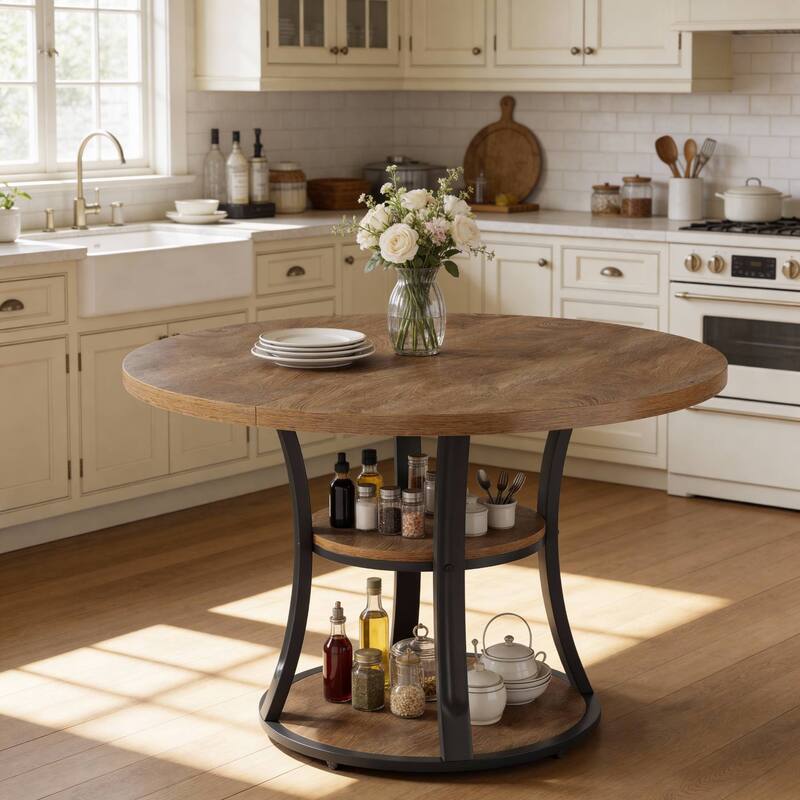39 Inch Round Pedestal Dining Table with 2-Tier Storage Shelf - 39.37" D x 39.37" W x 29.53" H