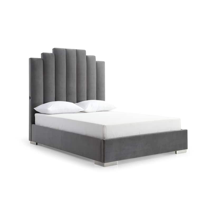 Velvet Upholstered Bed with USB Ports Grey Fabric Platform Bed Frame with Chrome Legs Double Bed