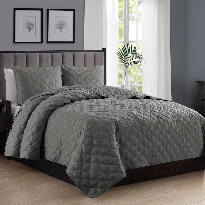 Modern Ultra Soft Microfiber Traditional Diamond Quilting Coverlet Quilt Set - Dark Grey - King