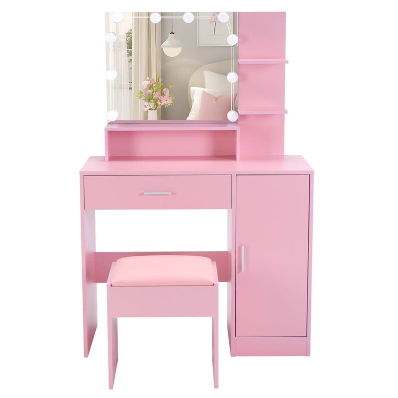 Vanity Set Pink Particle Board 1 Drawer 1 Door 3 Shelves Lamp - 29.53" x 15.55" x 53.27"