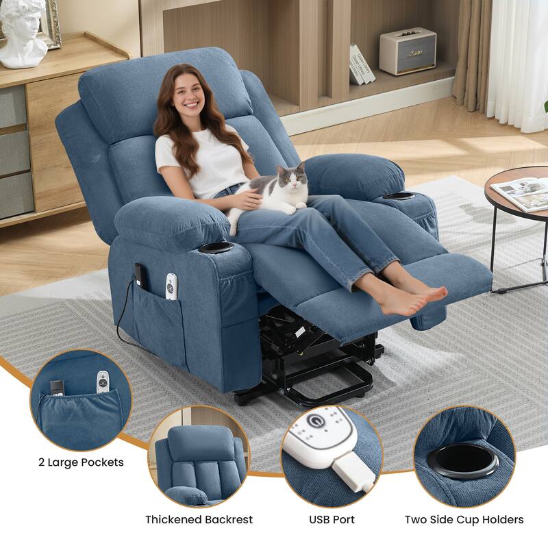 Power Lift Recliner with Heat & Massage USB Side Pockets for Elderly