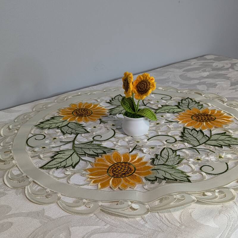 Sunflower Embroidered Cutwork Round Placemat, 24"