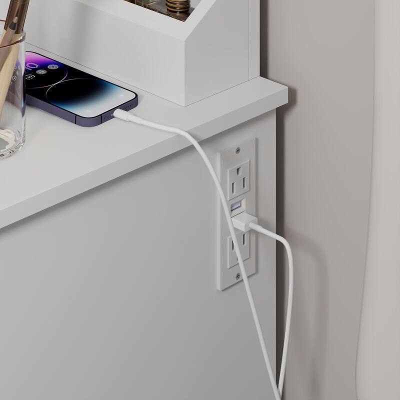 White Vanity Table and Stool Set with Charing Station, Makeup Vanity Desk with Mirror and Lights