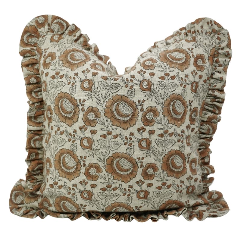 Fabdivine Heavy Linen Floral Ruffled Both Side Cushion Cover Home Décor Accent - Sun Flower- Brown - 14" x 36" - Cover Only