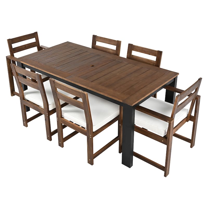 7-Piece Outdoor Patio Acacia Wood Dining Set with Umbrella Hole, 2 Armchairs and 4 Side Chairs