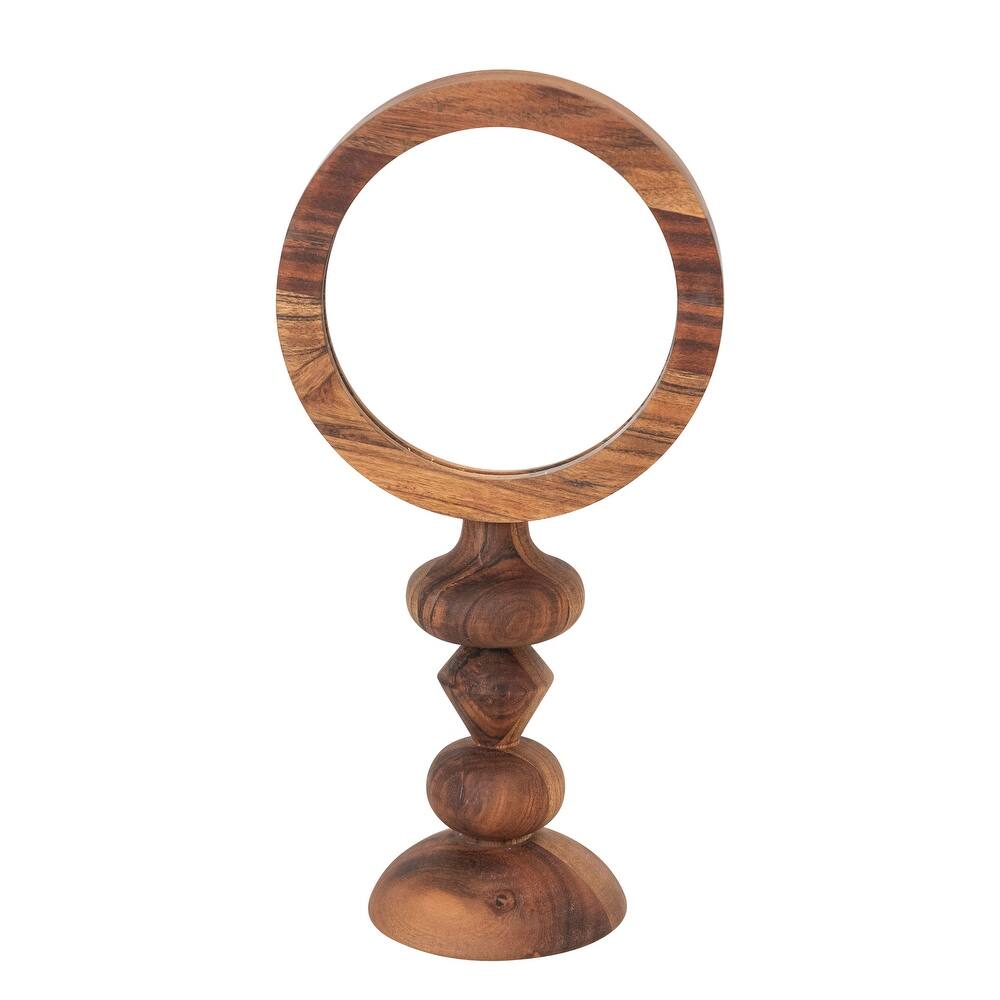 Acacia Wood Table Mirror with Carved Wood Base, Natural - 8.0"L x 5.0"W x 16.0"H