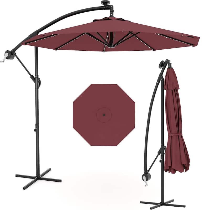 10FT Patio Outdoor Offset Umbrella with Lights for Deck Poolside Lawn Backyard - Red