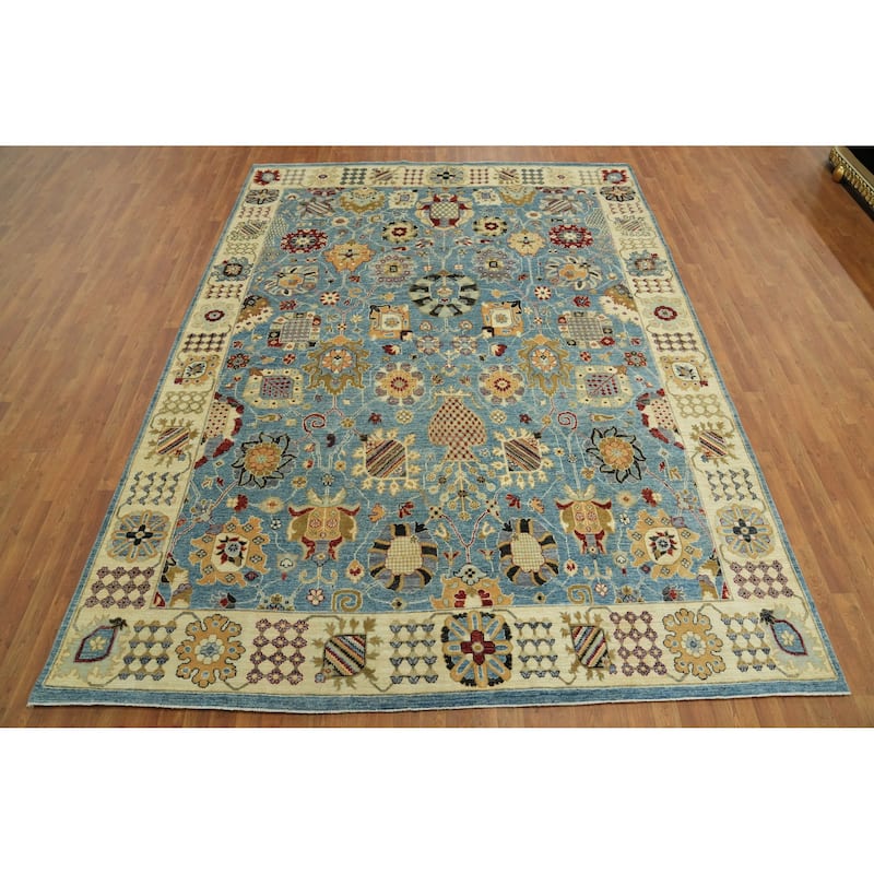 All-Over Floral Blue Oushak Vegetable Dye Area Rug, Floral Geometric Carpet - 11' 7'' X 8' 9''