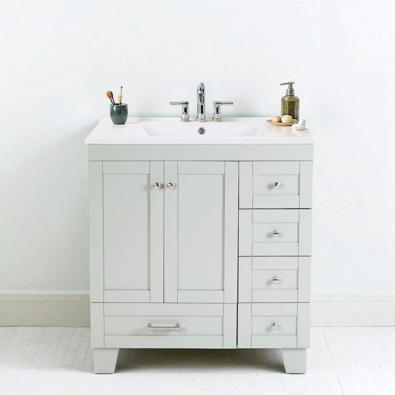 30" Bathroom Vanity with Ceramic Sink Solid Wood Frame Soft Close Drawers and Adjustable Storage Shelves - Blue Grey