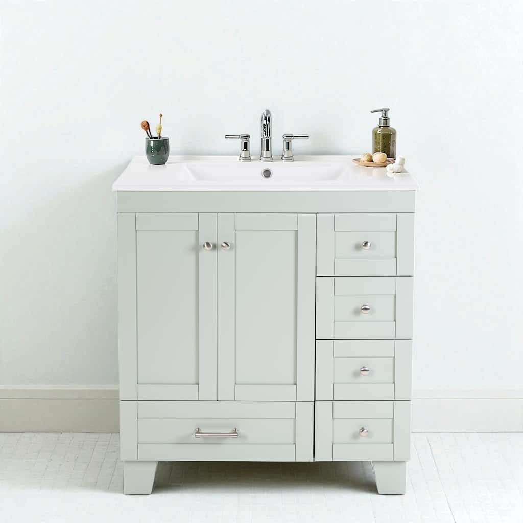 30" Bathroom Vanity with Ceramic Sink Solid Wood Frame Soft Close Drawers and Adjustable Storage Shelves