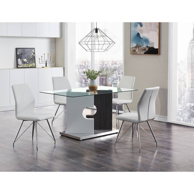 Glass Dining Table with Stainless Steel Base - White Driftwood Finish, Comfortable Dining Room Seating - 59