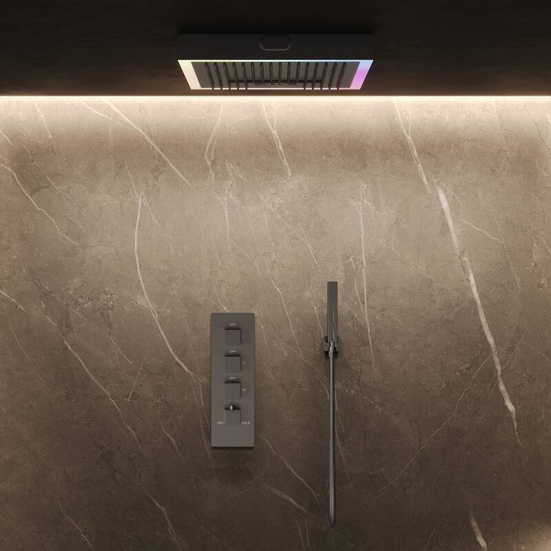 GRANDJOY Thermostatic LED Rain and Waterfall Shower System with Handheld, Built-In Music Function