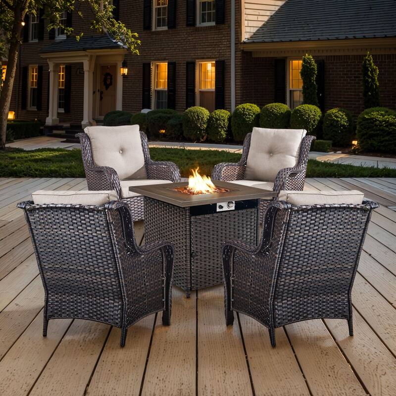 Gymojoy 5-Piece Outdoor Wicker Patio Furniture with Fire Pit Table, Rattan Coversation Set with Water Resistant Thick Cushions