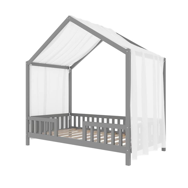 Whimsical Montessori-Inspired Floor Bed with Canopy & Full Safety Rails by Harper&Bright Designs