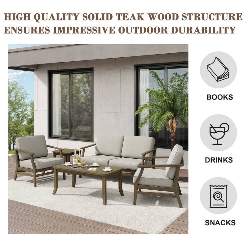 Teak Outdoor Patio Seating Set with Loveseat, Chairs and Tables (5-Piece)