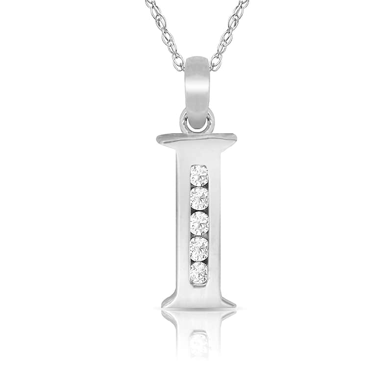 Curata 14k White Gold, 18" Small Channel-set (A-Z) Cubic Zirconia Initial Pendant Necklace - I