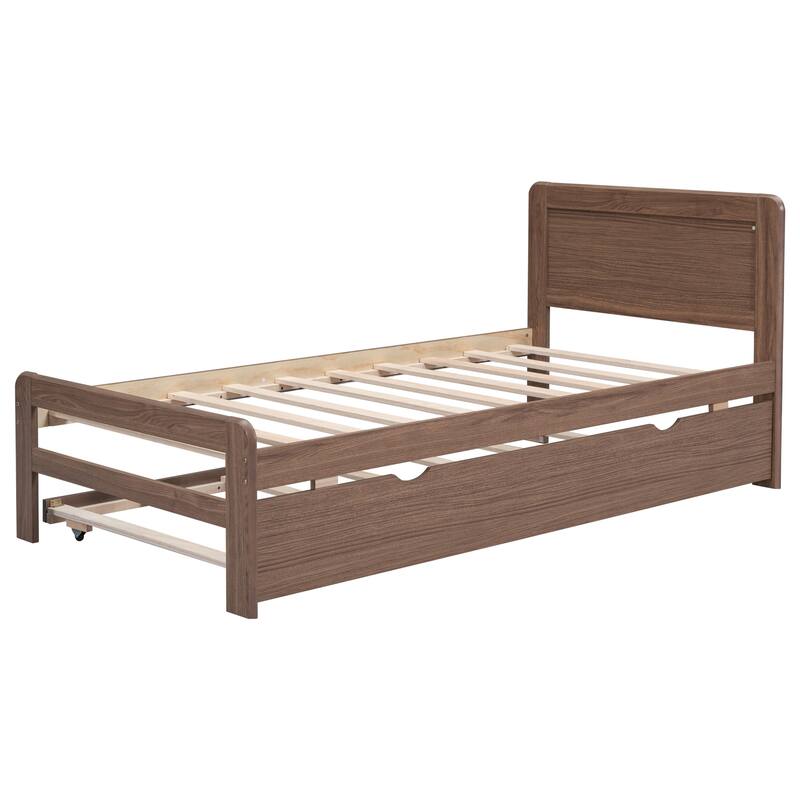 Brown Wood Twin Size Platform Bed Frame with Trundle, Rubberwood & Plywood Construction, Modern Design, Space-saving