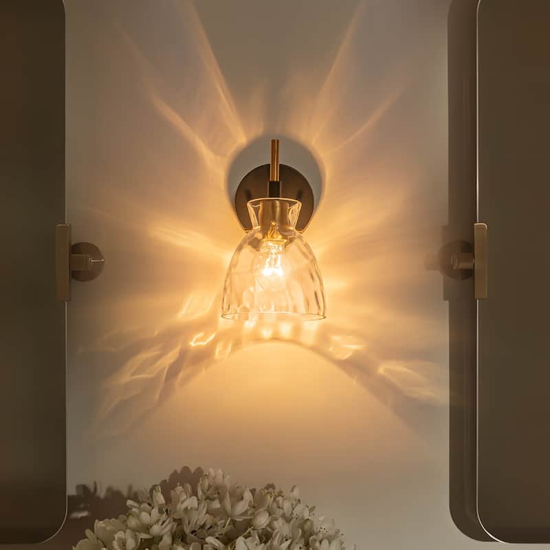 1-Light/3-Light Matte Black and Antique Brass Bathroom Vanity Light with Water-Rippled Glass Shade