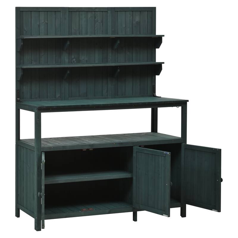 Potting Bench with Hutch, 50.2" Solid Fir Wood Garden Workstation, 2 Shelves, 2 Cabinets, 3 Side Hooks, Outdoor Planting Table