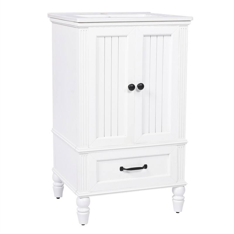 20" Bathroom Vanity with Ceramic Sink Top, Freestanding Bathroom Vanity Cabinet with 2 Doors and 1 Storage Drawer