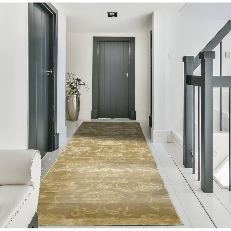 Tone on Tone Green Hand Knotted Botanical Tibetan Rug 2'11"x11'10" - 2' 11'' x 11' 10'' - Tone on Tone Green - 2' 11'' x 11' 10'' - Runner