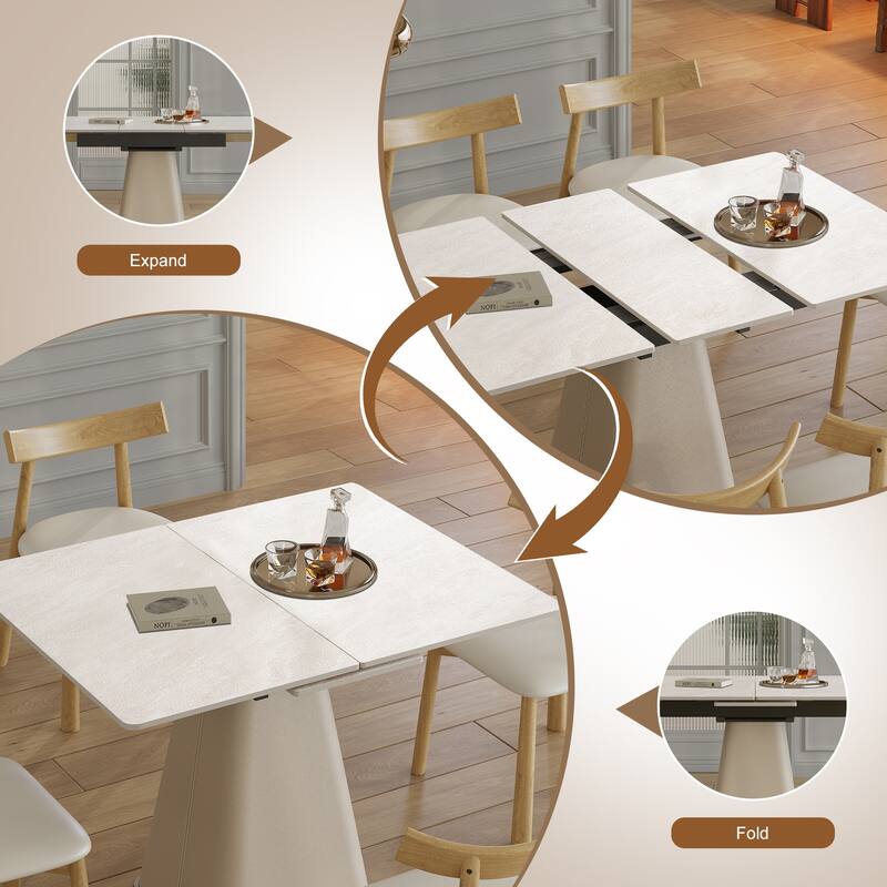 Roomfitters Retractable Rock Slab Dining Table Set, Modern Expandable Square Table with 6 Chairs, White