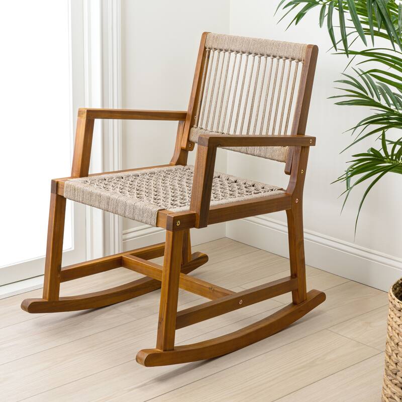 JONATHAN Y Laguna Coastal Casual 352-LBS Support Acacia Wood and Woven Rope Outdoor Rocking Chair