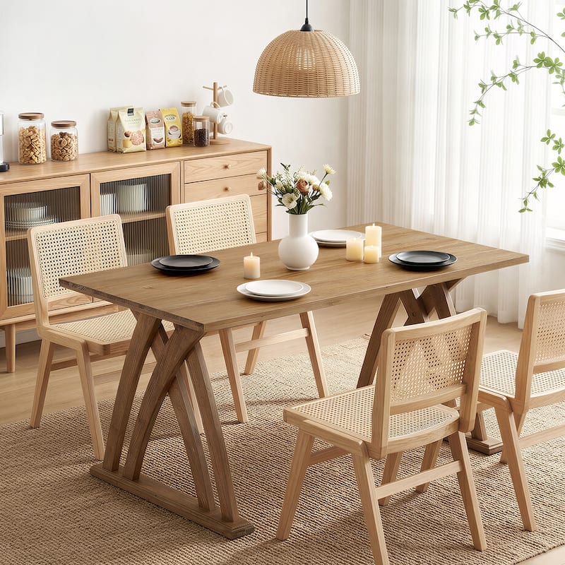 Solid Wood Dining Table for 4-6 People, 63 Inches Rectangular Kitchen Table - Brown