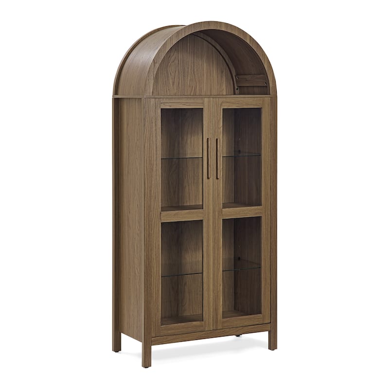 67" Arched Storage Cabinet with Glass Doors, Curio Display Cabinet with LED Strips, Adjustable Shelves, 4-Tier Wood Bookcase