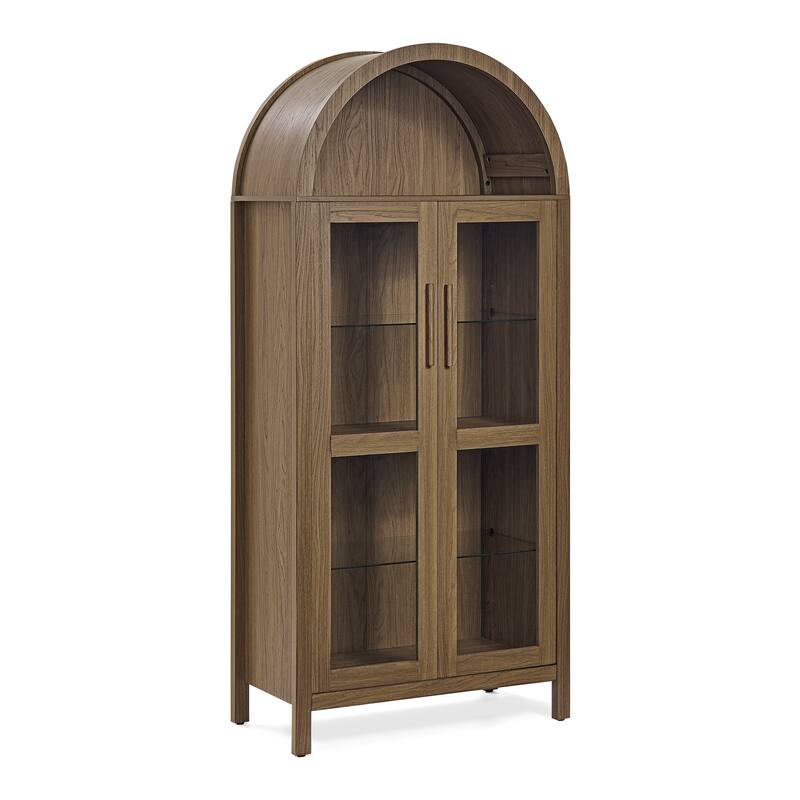 Roomfitters Arched Display Cabinet with Glass Doors, Modern Wooden Storage Cabinet with Adjustable Shelves for Entryway