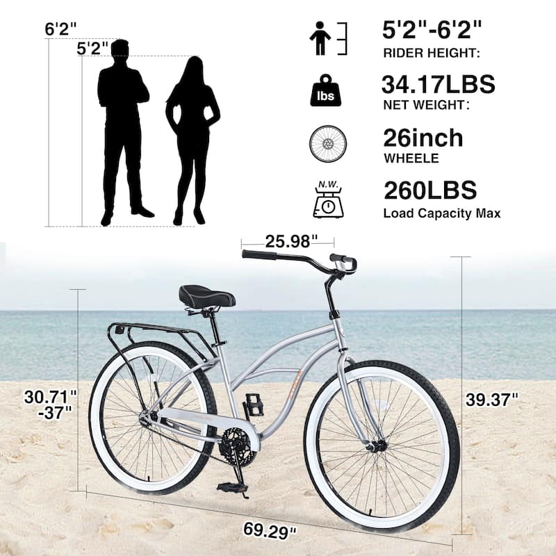 Single Speed 26"Inch,Steel Frame, Wide Wheels for Stability, Rear Coaster Brakes,Multiple Colors Men's Beach Cruiser Bike
