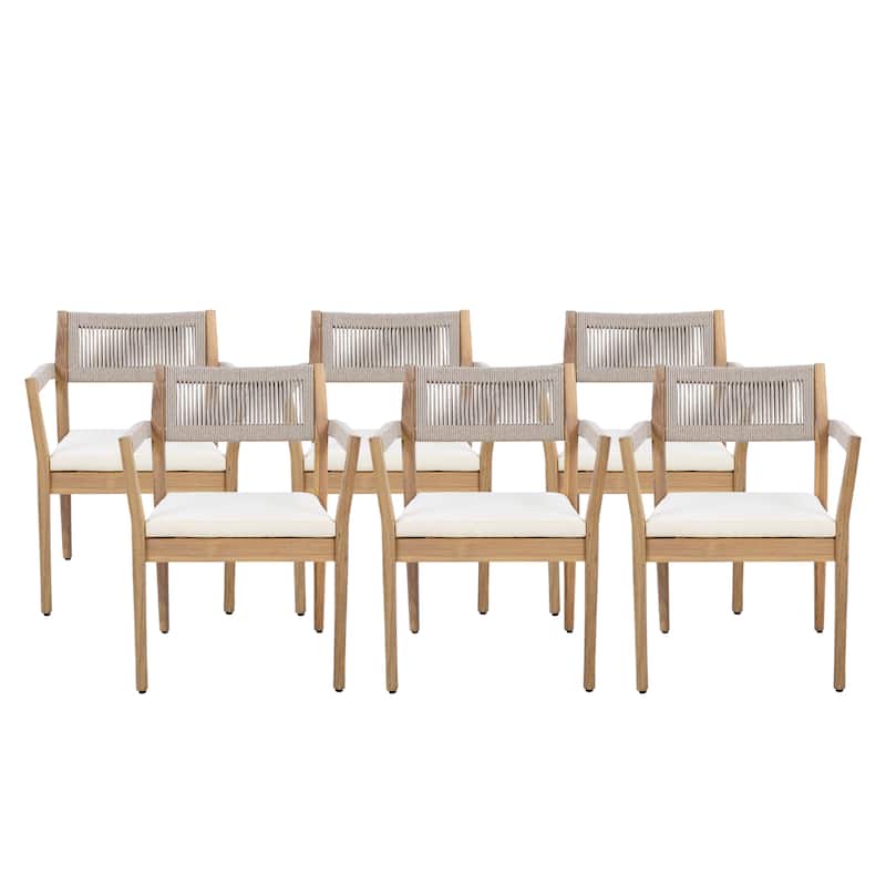 Braided Acacia Wood Outdoor Dining Table and Chairs Set of 6, All-Weather Patio Furniture for Garden, Poolside, and Backyard