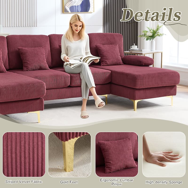 HOMEFUN Corduroy Upholstered U-shaped Adjustable Light Modular Sectional Sofa With Type-C and USB ports