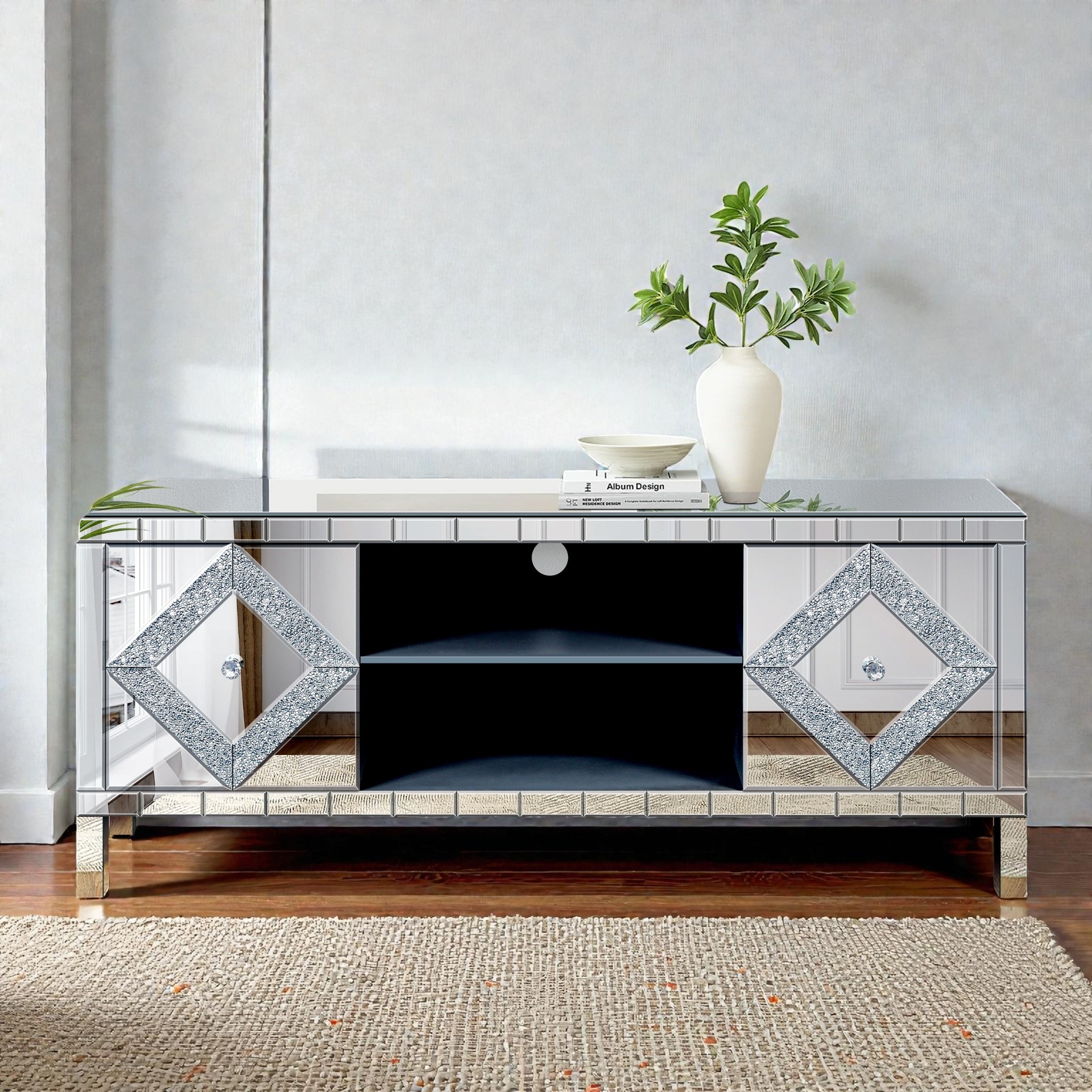 Modern Mirror TV Media Console 47 Inch, Dual Door Entertainment Center with Glass Accents for Living Room Bedroom