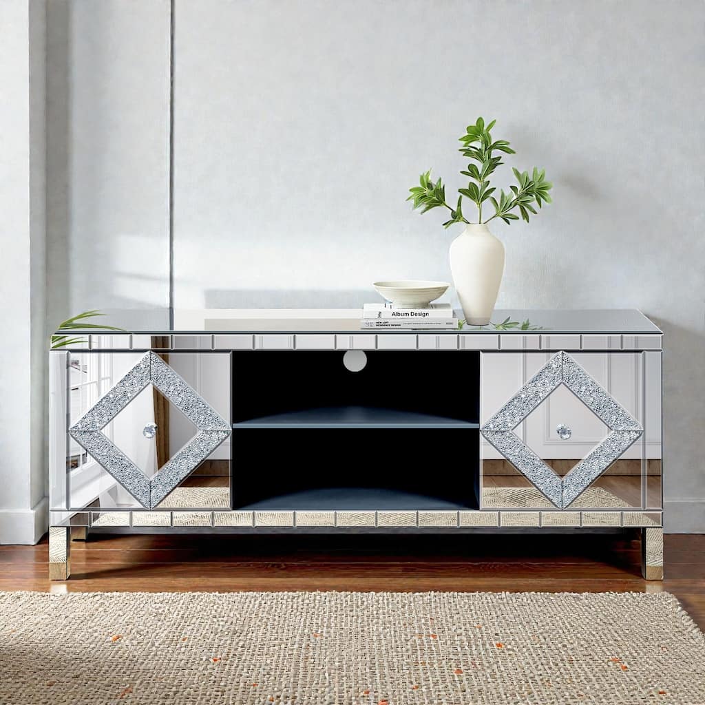 Modern Mirror TV Media Console 47 Inch, Dual Door Entertainment Center with Glass Accents for Living Room Bedroom