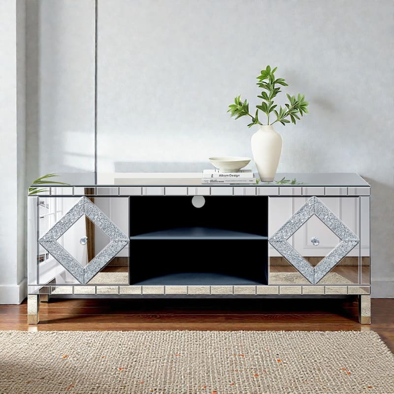 Modern Mirror TV Media Console 47 Inch, Dual Door Entertainment Center with Glass Accents for Living Room Bedroom - Silver