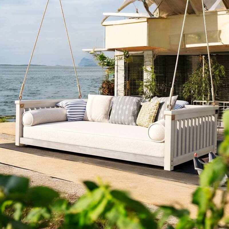 Premium Acacia Wood Patio Swing Bed with Ropes - Comfortable Outdoor Twin-Size Swing for Garden, Porch, or Backyard