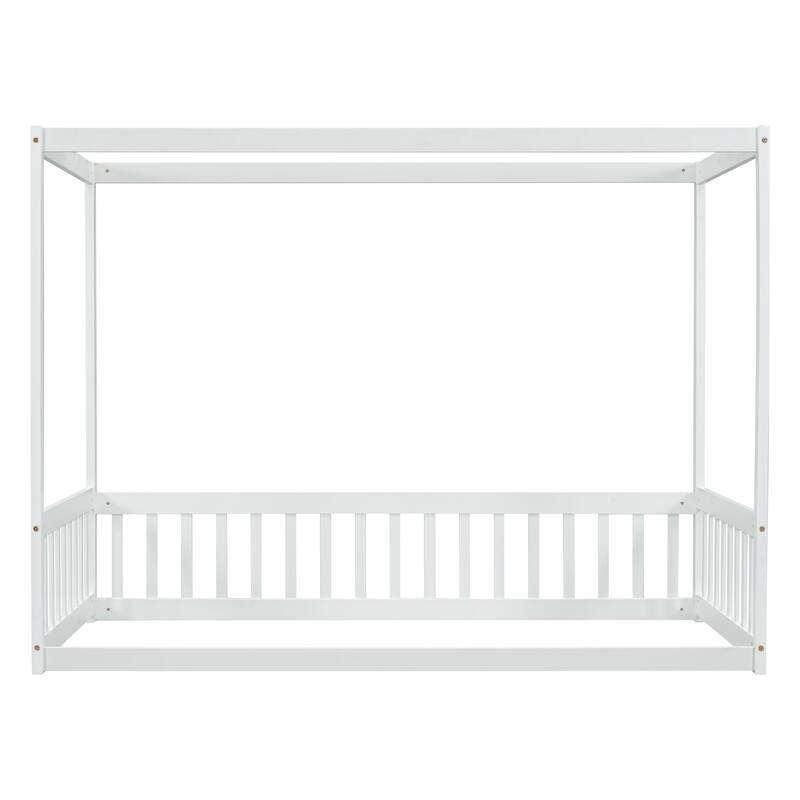 Twin Size Canopy Frame Floor Bed with Fence and Guardrails in White