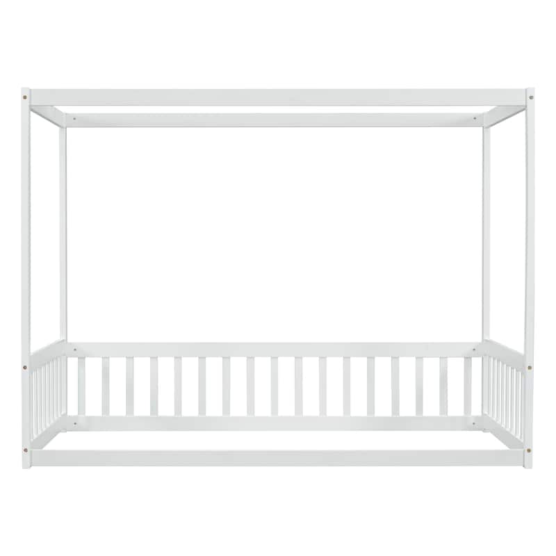 Wood Canopy Frame Floor Bed with Fence,Guardrails