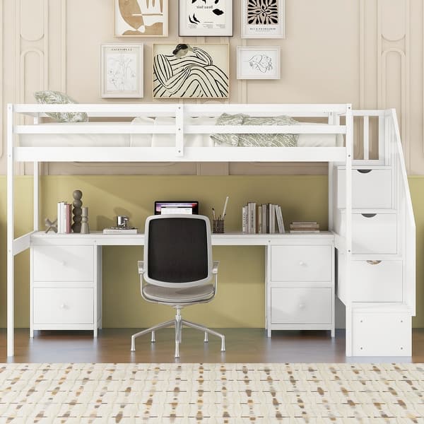 slide 2 of 12, Wood Twin Loft Bed with Desk & Drawers, Staircase & Guardrails, White White