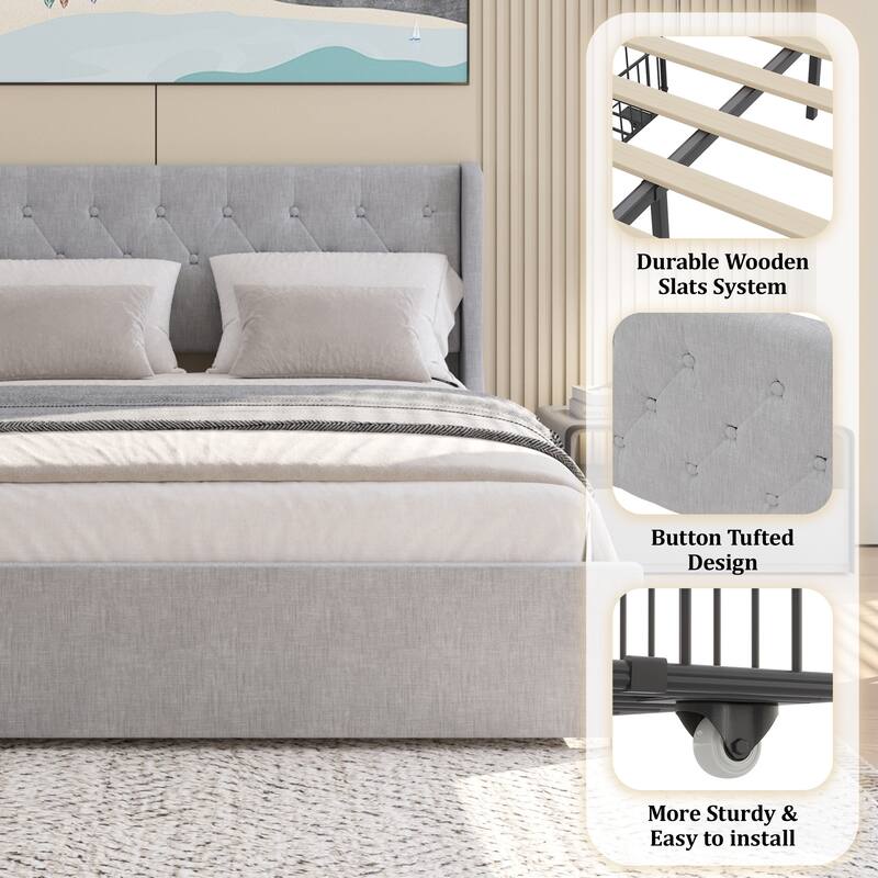 Grey Queen Size Upholstered Bed with Wingback Headboard, 4 Storage Drawers, Button Tufted Design