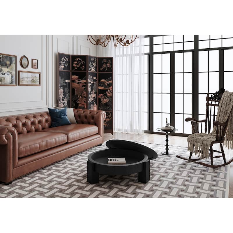 33" Round Coffee Table with Hidden Storage, Parquet Veneer Top Table, 3 Block Legs Sturdy Center Accent Table for Living Room