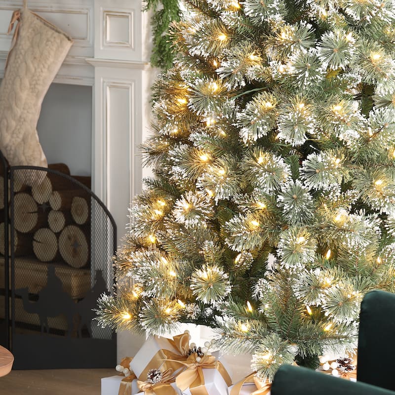 Glitzhome 7.5/9/11ft Pre-Lit Flocked Warm White & Multi-color Artificial Christmas Tree with Remote Controller