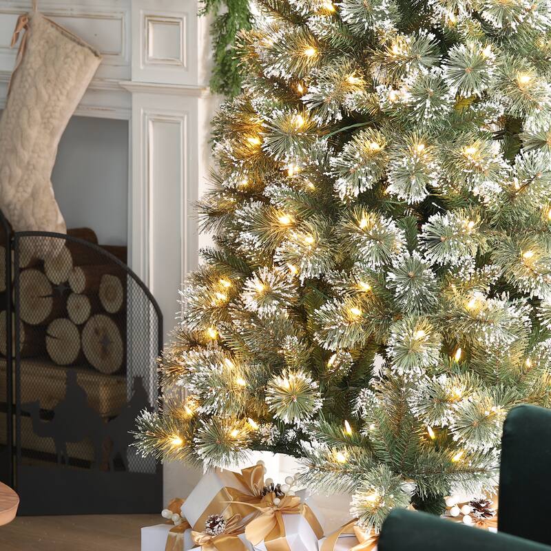 Glitzhome 7.5ft/9ft/11ft Pre-Lit Flocked Multi-color Artificial Christmas Tree with Remote Controller